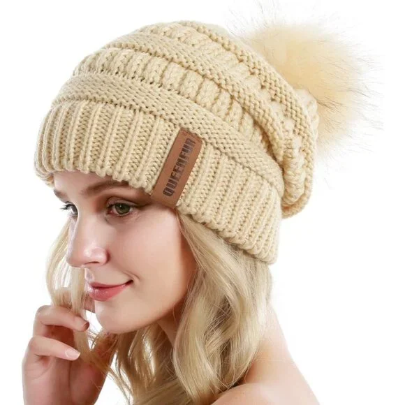Women's Beige 100% Acrylic Cable Knit Beanie Faux Fur Winter Warm Slouchy Hat - Picture 2 of 6